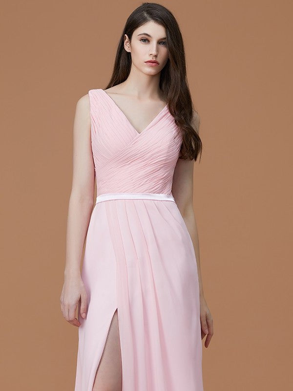 A-Line/Princess V-neck Sleeveless Floor-Length Ruched Chiffon Bridesmaid Dresses DFP0005284