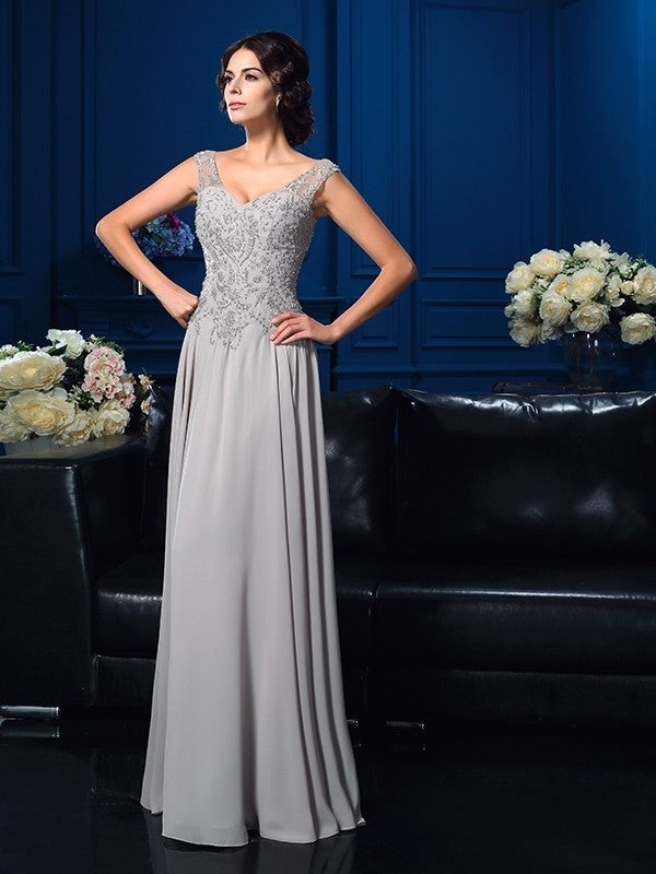 A-Line/Princess V-neck Beading Sleeveless Long Chiffon Mother of the Bride Dresses DFP0007073