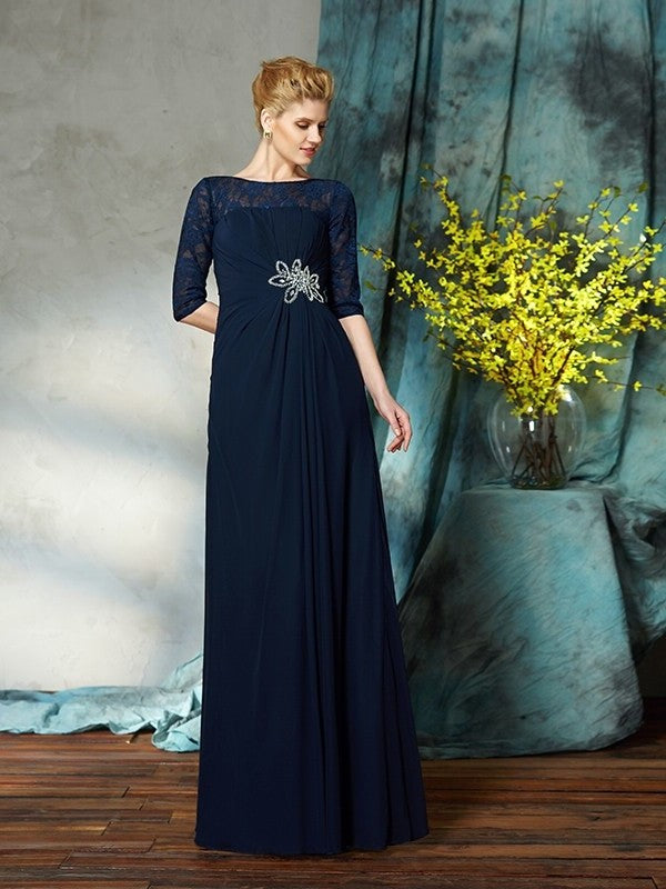 A-Line/Princess Bateau Beading 1/2 Sleeves Long Chiffon Mother of the Bride Dresses DFP0007338