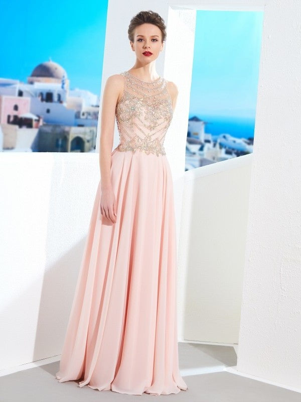 A-Line/Princess Scoop Sleeveless Chiffon Crystal Floor-length Dresses DFP0002536