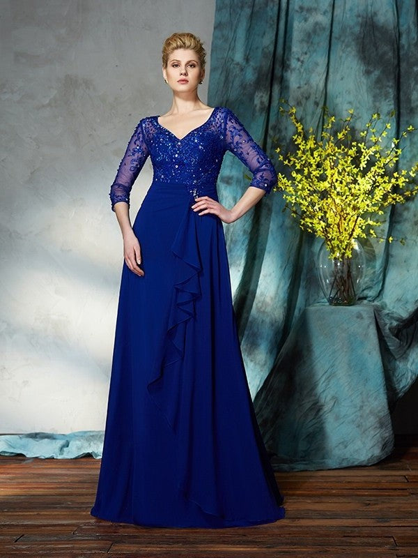 A-Line/Princess V-neck Sequin 3/4 Sleeves Long Chiffon Mother of the Bride Dresses DFP0007197