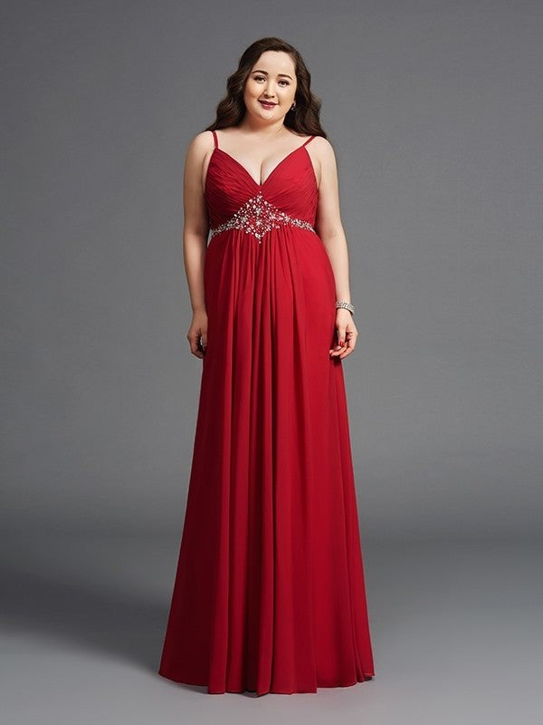 A-Line/Princess Spaghetti Straps Beading Sleeveless Long Chiffon Plus Size Dresses DFP0002460