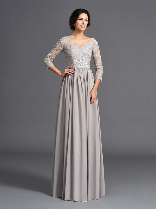 A-Line/Princess V-neck Ruffles 3/4 Sleeves Long Chiffon Mother of the Bride Dresses DFP0007308