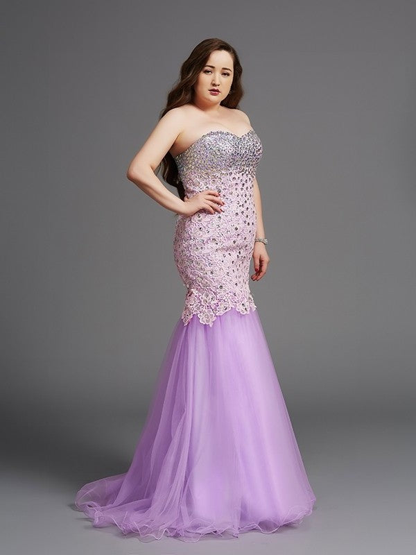 Trumpet/Mermaid Sweetheart Beading Sleeveless Long Net Plus Size Dresses DFP0003983