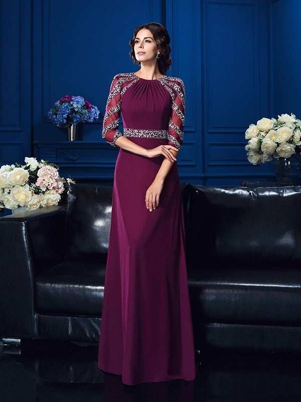 A-Line/Princess Scoop Beading 3/4 Sleeves Long Chiffon Mother of the Bride Dresses DFP0007189