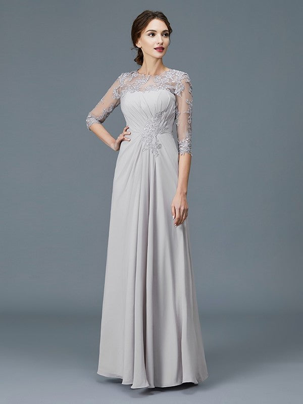 A-Line/Princess Scoop 3/4 Sleeves Chiffon Ruffles Floor-Length Mother of the Bride Dresses DFP0007068