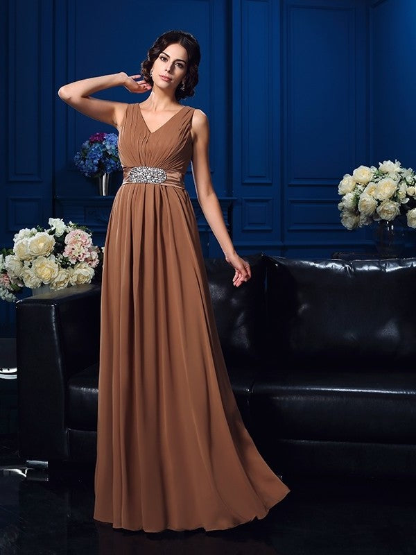 A-Line/Princess V-neck Pleats Sleeveless Long Chiffon Mother of the Bride Dresses DFP0007310