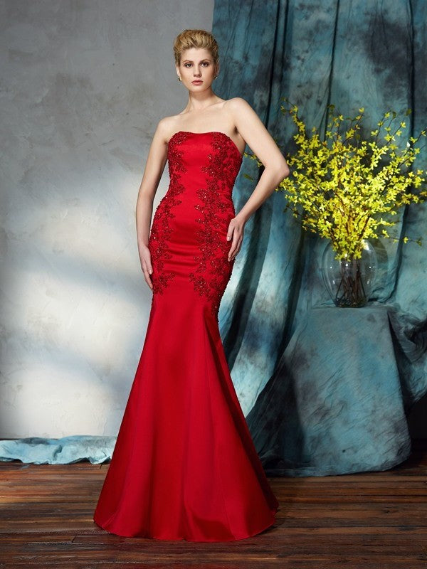 Trumpet/Mermaid Strapless Applique Sleeveless Long Satin Mother of the Bride Dresses DFP0007416