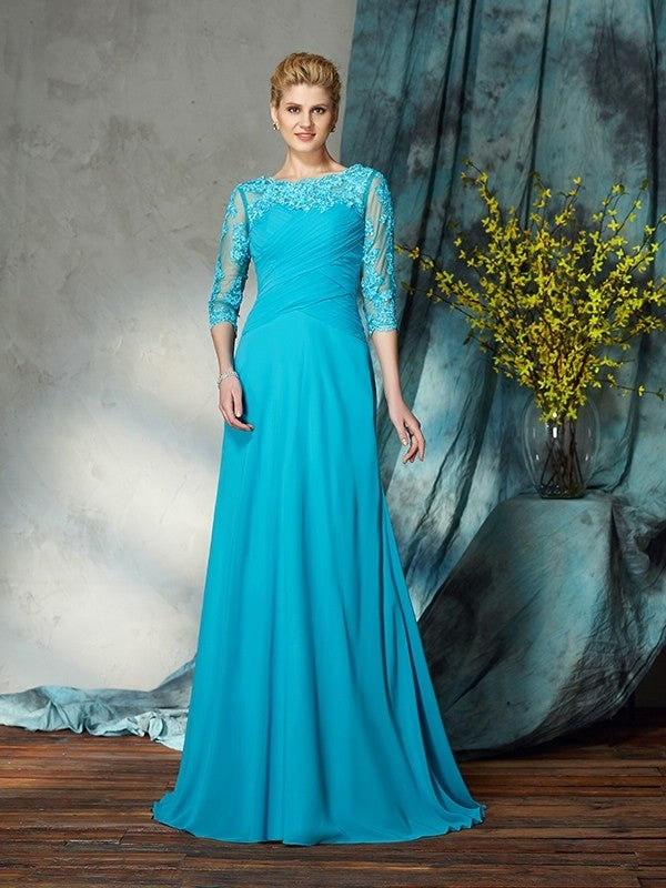 A-Line/Princess Bateau Applique 3/4 Sleeves Long Chiffon Mother of the Bride Dresses DFP0007256