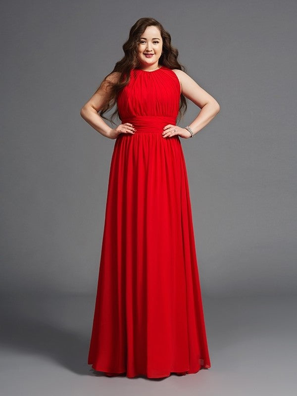 A-Line/Princess Jewel Ruched Sleeveless Long Chiffon Plus Size Dresses DFP0003119