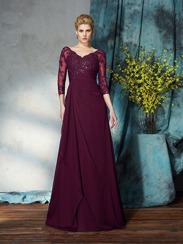 A-Line/Princess V-neck Beading 3/4 Sleeves Long Chiffon Mother of the Bride Dresses DFP0007150