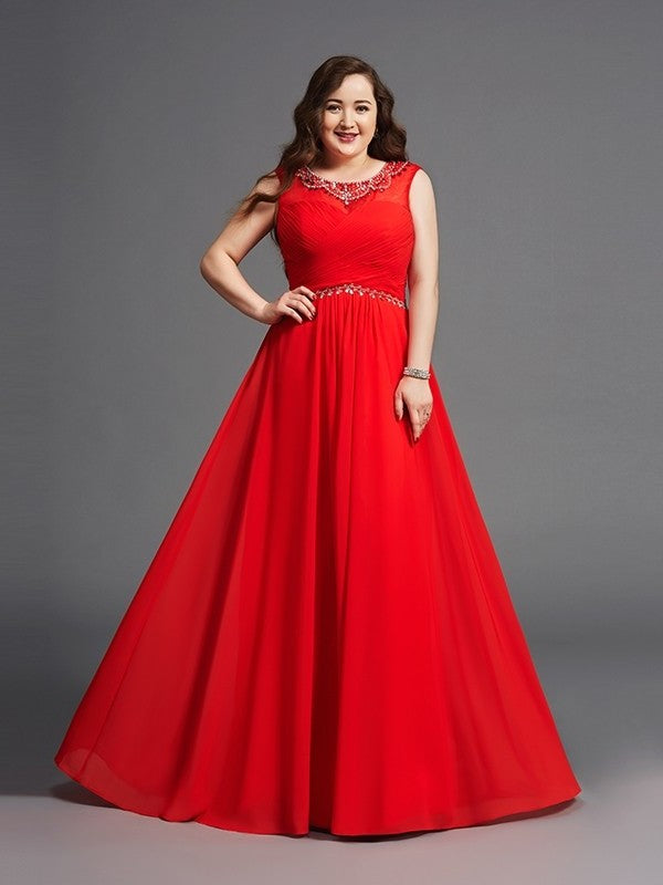 A-Line/Princess Scoop Beading Sleeveless Long Chiffon Plus Size Dresses DFP0003655