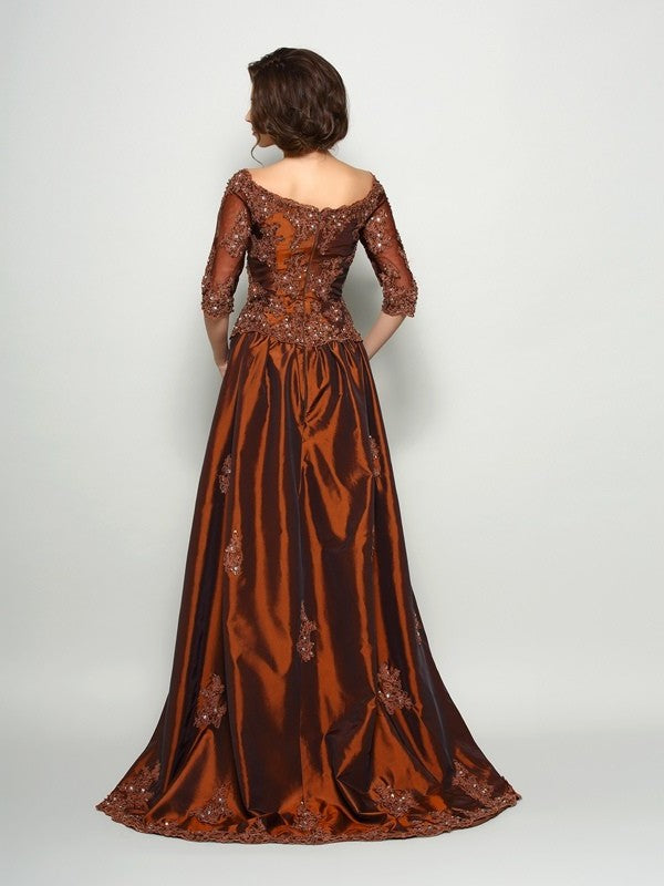 A-Line/Princess Off-the-Shoulder Beading 1/2 Sleeves Long Taffeta Mother of the Bride Dresses DFP0007191