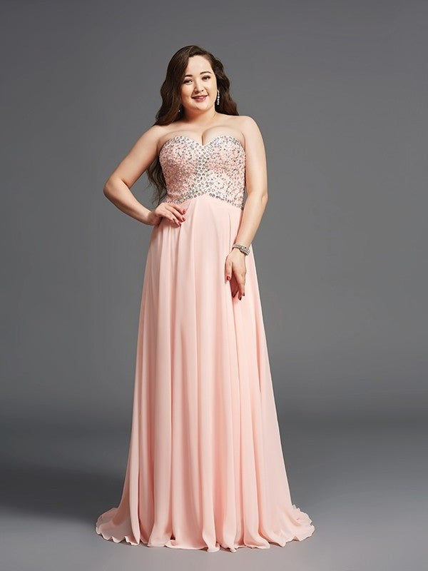 A-Line/Princess Sweetheart Beading Sleeveless Long Chiffon Plus Size Dresses DFP0003818