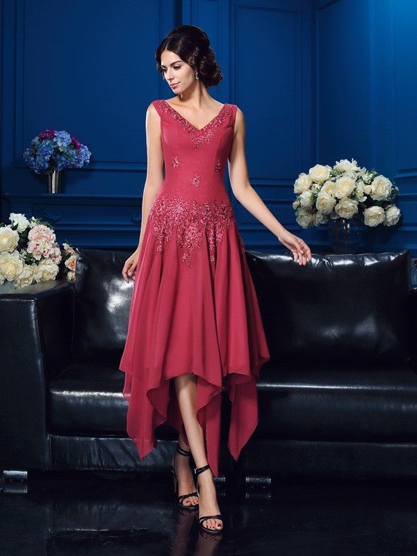 A-Line/Princess V-neck Applique Sleeveless High Low Chiffon Mother of the Bride Dresses DFP0007178