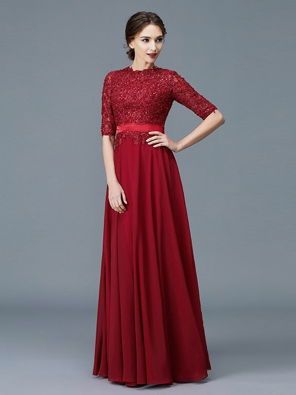 A-Line/Princess Scoop 1/2 Sleeves Chiffon Applique Floor-Length Mother of the Bride Dresses DFP0007199