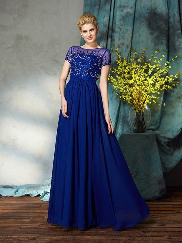 A-Line/Princess Scoop Beading Short Sleeves Long Chiffon Mother of the Bride Dresses DFP0007371