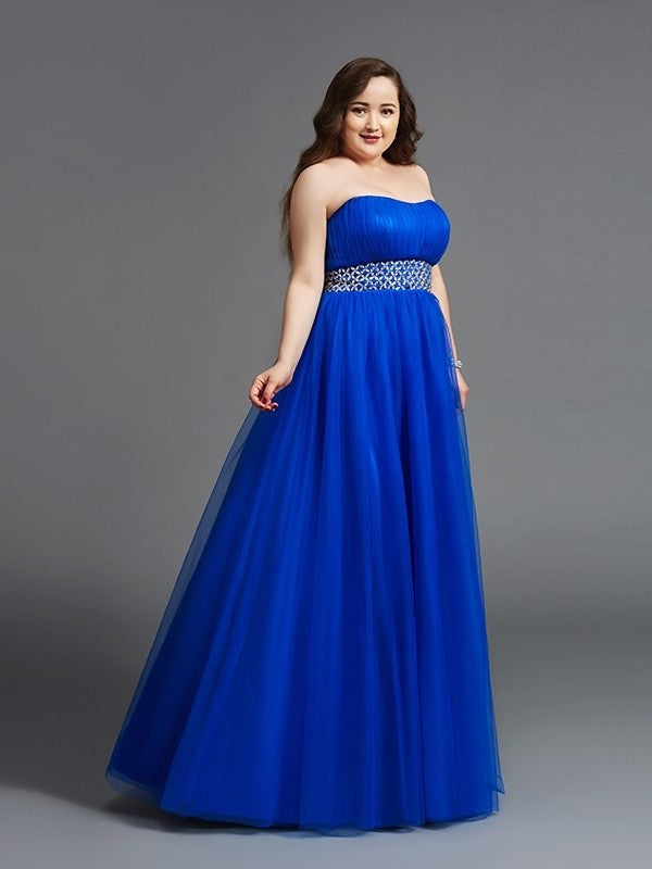 A-Line/Princess Strapless Rhinestone Sleeveless Long Net Plus Size Dresses DFP0003438