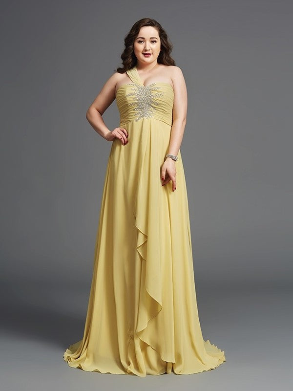 A-Line/Princess One-Shoulder Rhinestone Sleeveless Long Chiffon Plus Size Dresses DFP0003729