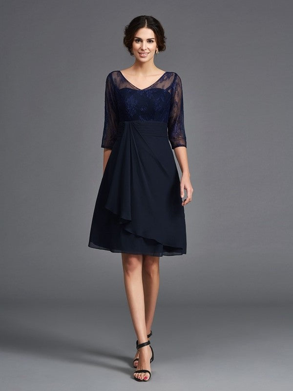 A-Line/Princess V-neck Lace 1/2 Sleeves Short Chiffon Mother of the Bride Dresses DFP0007327