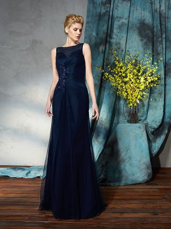 Sheath/Column Bateau Applique Sleeveless Long Net Mother of the Bride Dresses DFP0007349