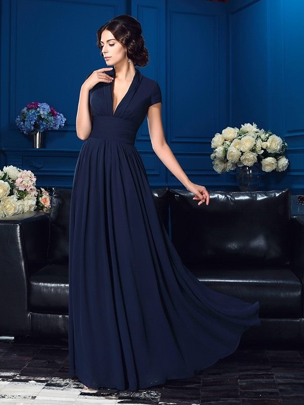 A-Line/Princess V-neck Applique Short Sleeves Long Chiffon Mother of the Bride Dresses DFP0007094