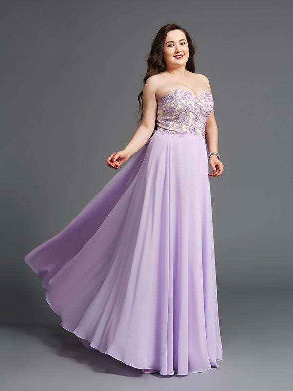 A-Line/Princess Sweetheart Lace Sleeveless Long Chiffon Plus Size Dresses DFP0003605