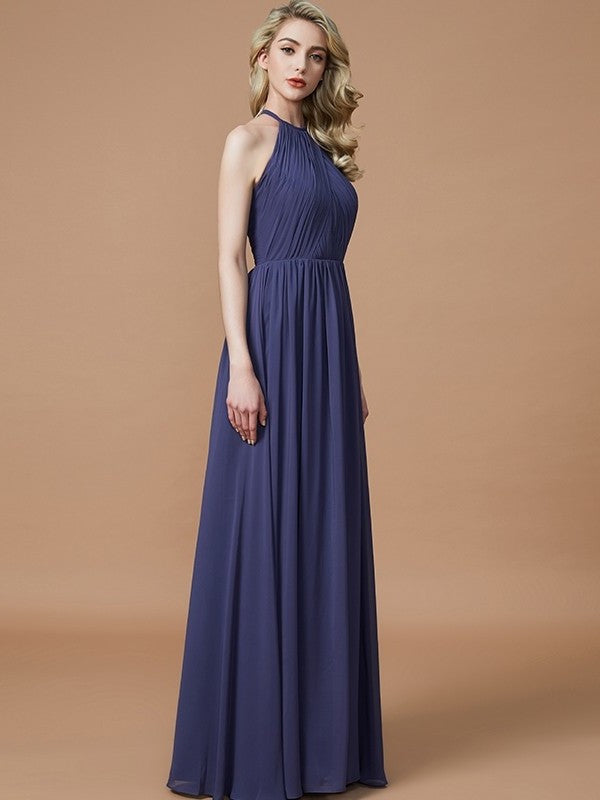 A-Line/Princess Scoop Chiffon Sleeveless Floor-Length Bridesmaid Dresses DFP0005455