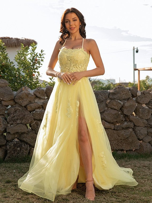 A-Line/Princess Tulle Applique Halter Sleeveless Sweep/Brush Train Dresses DFP0001394