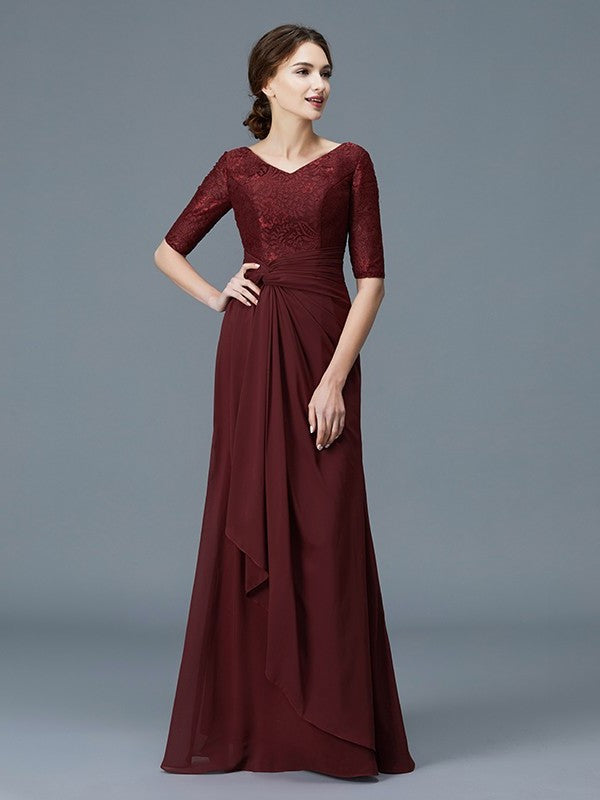 A-Line/Princess V-neck 1/2 Sleeves Ruffles Chiffon Floor-Length Mother of the Bride Dresses DFP0007046