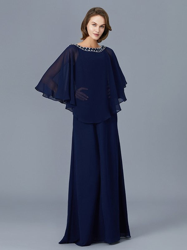 Sheath/Column Scoop Beading Long Sleeves Chiffon Floor-Length Mother of the Bride Dresses DFP0007372