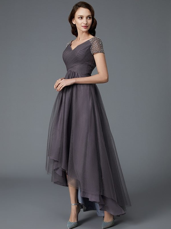 A-Line/Princess V-neck Short Sleeves Asymmetrical Tulle Mother of the Bride Dresses DFP0007098