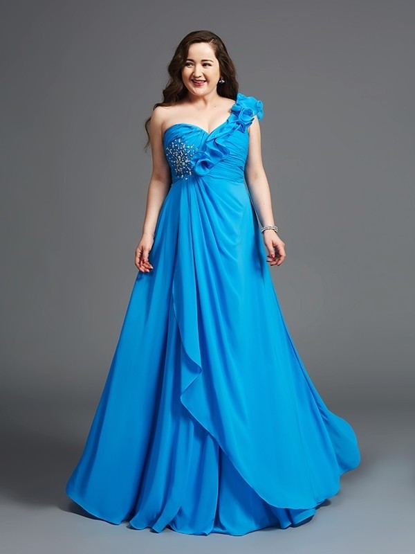 A-Line/Princess One-Shoulder Rhinestone Sleeveless Long Chiffon Plus Size Dresses DFP0004258