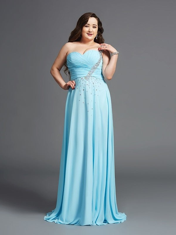 A-Line/Princess One-Shoulder Rhinestone Sleeveless Long Chiffon Plus Size Dresses DFP0004207