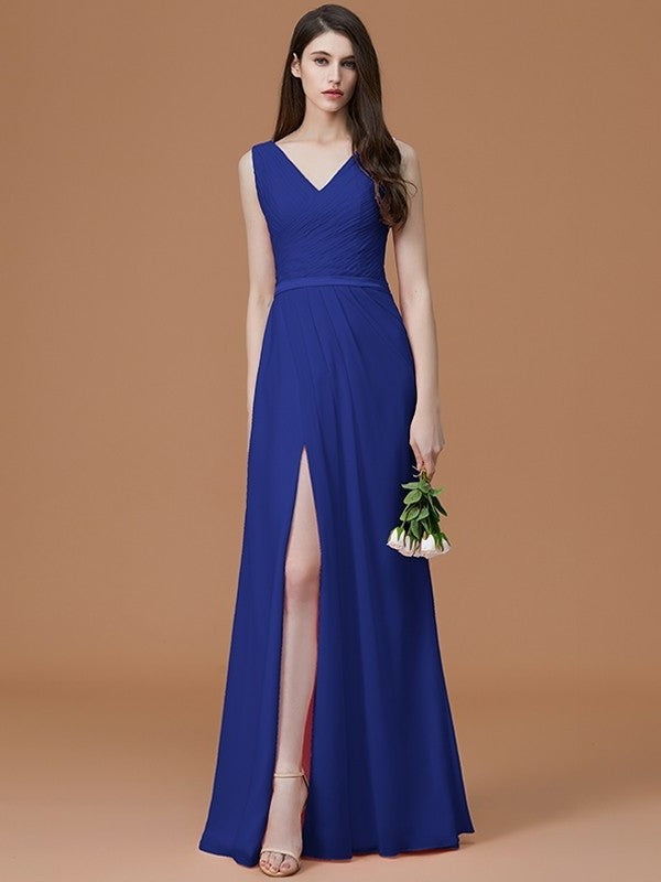 A-Line/Princess V-neck Sleeveless Floor-Length Ruched Chiffon Bridesmaid Dresses DFP0005284