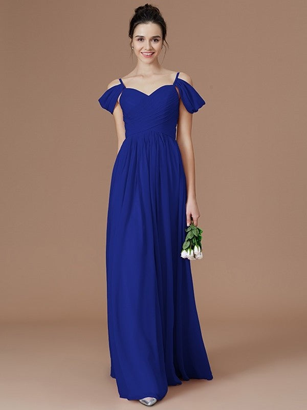 A-Line/Princess Off-the-Shoulder Sleeveless Ruched Floor-Length Chiffon Bridesmaid Dresses DFP0005324