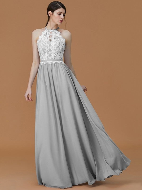 A-Line/Princess Halter Sleeveless Floor-Length Lace Chiffon Bridesmaid Dresses DFP0005137