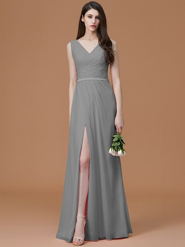 A-Line/Princess V-neck Sleeveless Floor-Length Ruched Chiffon Bridesmaid Dresses DFP0005284