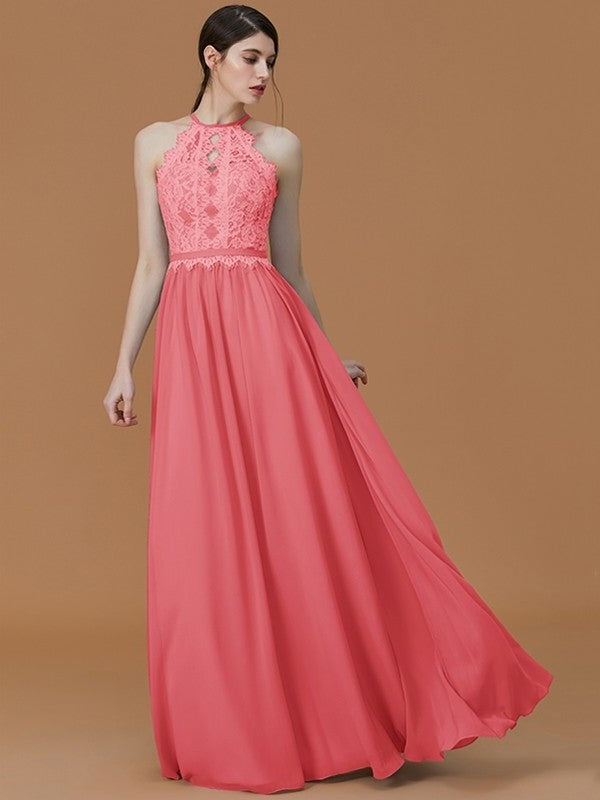 A-Line/Princess Halter Sleeveless Floor-Length Lace Chiffon Bridesmaid Dresses DFP0005137