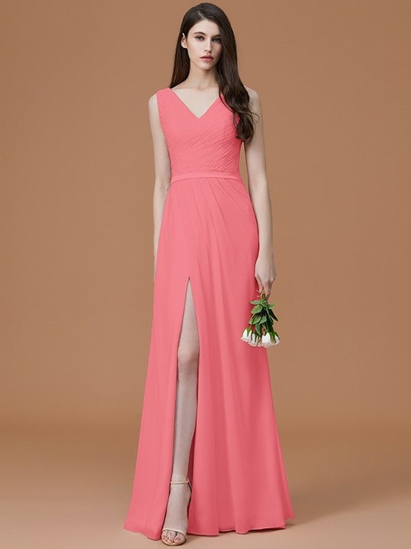 A-Line/Princess V-neck Sleeveless Floor-Length Ruched Chiffon Bridesmaid Dresses DFP0005284