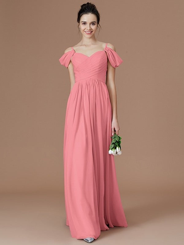 A-Line/Princess Off-the-Shoulder Sleeveless Ruched Floor-Length Chiffon Bridesmaid Dresses DFP0005324