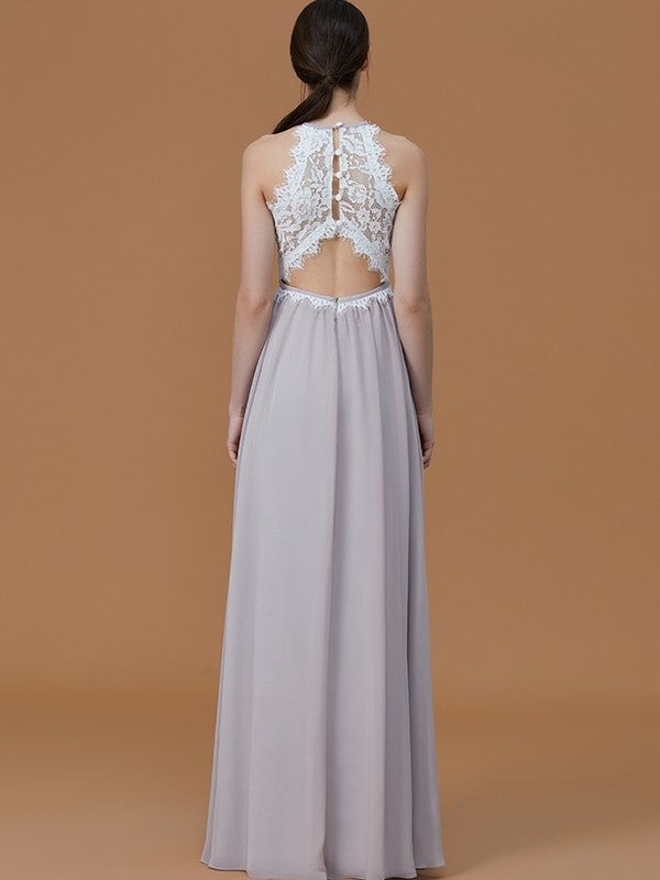 A-Line/Princess Halter Sleeveless Floor-Length Lace Chiffon Bridesmaid Dresses DFP0005137