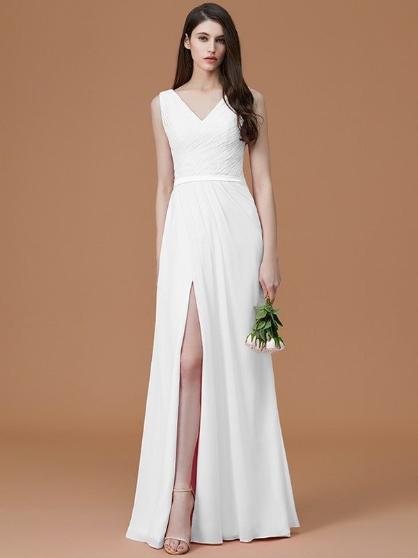 A-Line/Princess V-neck Sleeveless Floor-Length Ruched Chiffon Bridesmaid Dresses DFP0005284