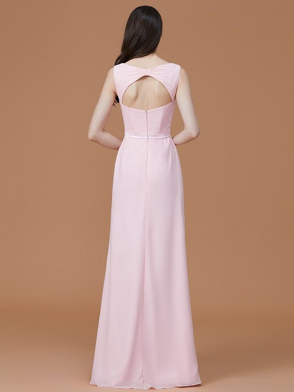 A-Line/Princess V-neck Sleeveless Floor-Length Ruched Chiffon Bridesmaid Dresses DFP0005284