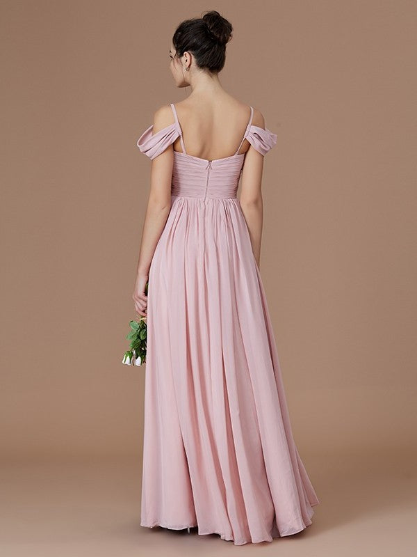 A-Line/Princess Off-the-Shoulder Sleeveless Ruched Floor-Length Chiffon Bridesmaid Dresses DFP0005324