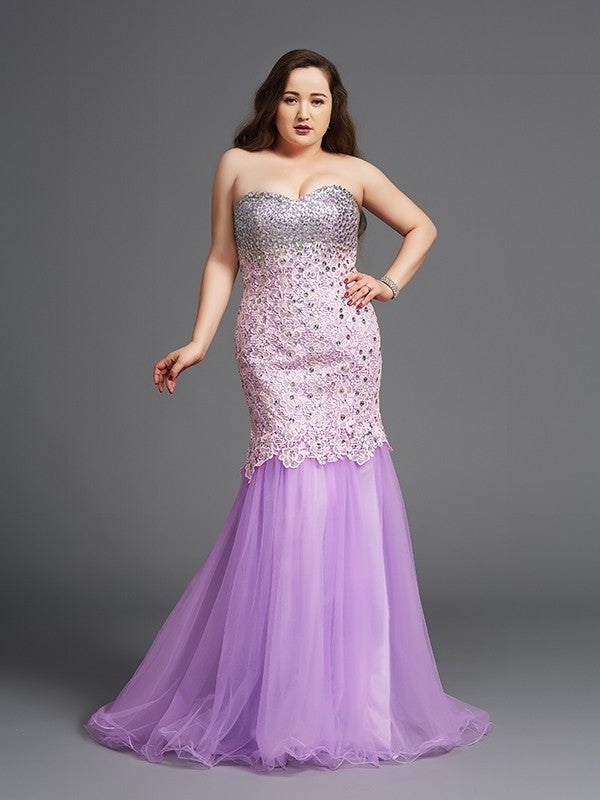 Trumpet/Mermaid Sweetheart Beading Sleeveless Long Net Plus Size Dresses DFP0003983