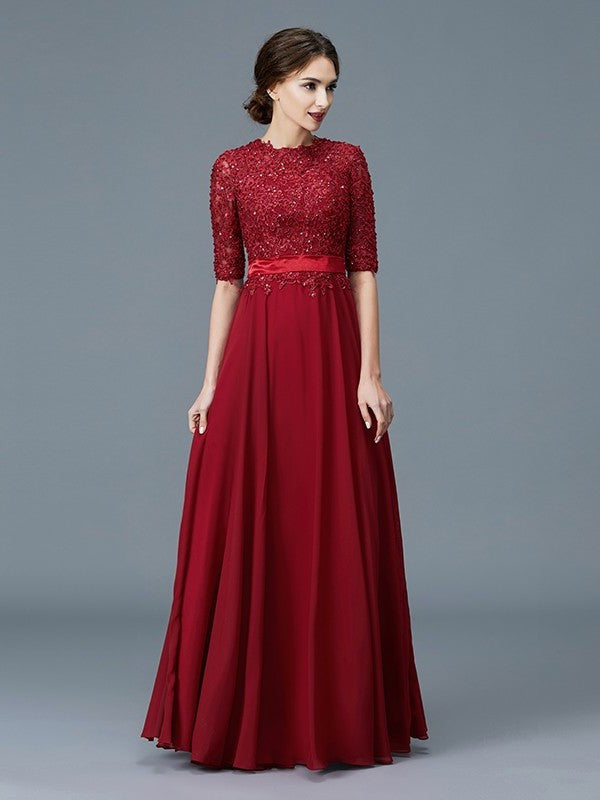 A-Line/Princess Scoop 1/2 Sleeves Chiffon Applique Floor-Length Mother of the Bride Dresses DFP0007199