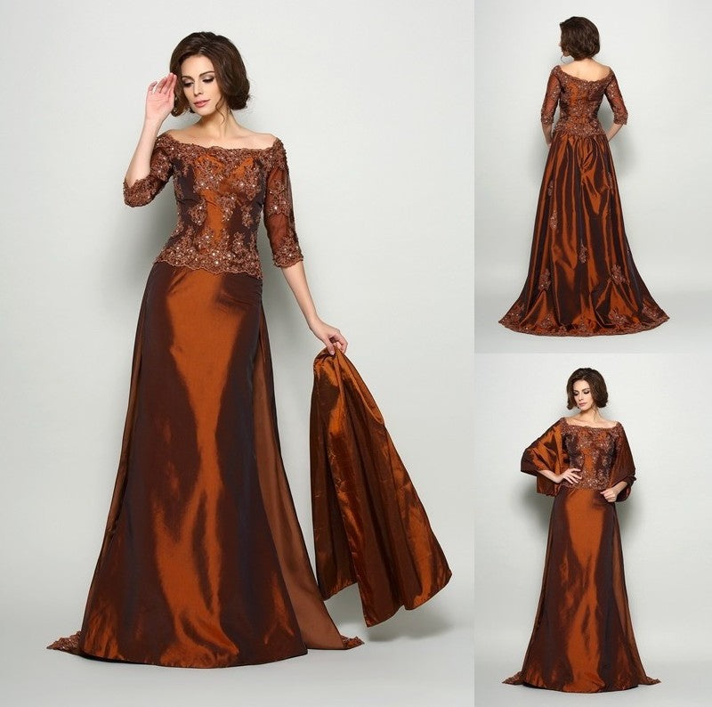 A-Line/Princess Off-the-Shoulder Beading 1/2 Sleeves Long Taffeta Mother of the Bride Dresses DFP0007191