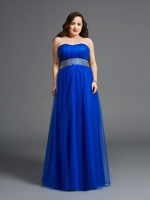 A-Line/Princess Strapless Rhinestone Sleeveless Long Net Plus Size Dresses DFP0003438