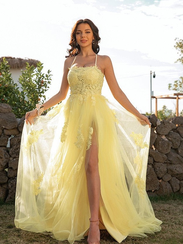 A-Line/Princess Tulle Applique Halter Sleeveless Sweep/Brush Train Dresses DFP0001394